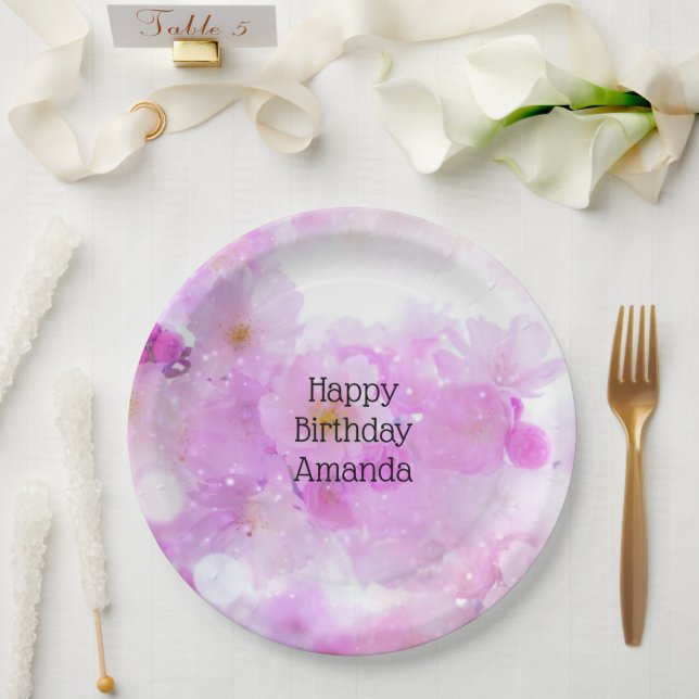 Pink Cherry Blossom Flowers Photo - Birthday Paper Plate (Wedding)