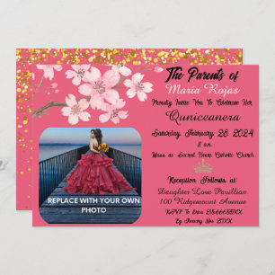 Pink Cherry Blossom Flowers   Photo Quinceanera Invitation