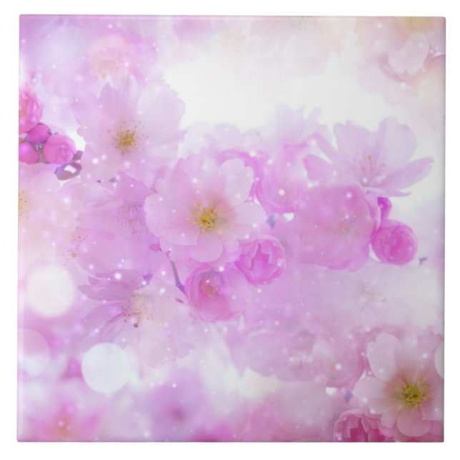 Pink Cherry Blossom Flowers Photo Tile (Front)
