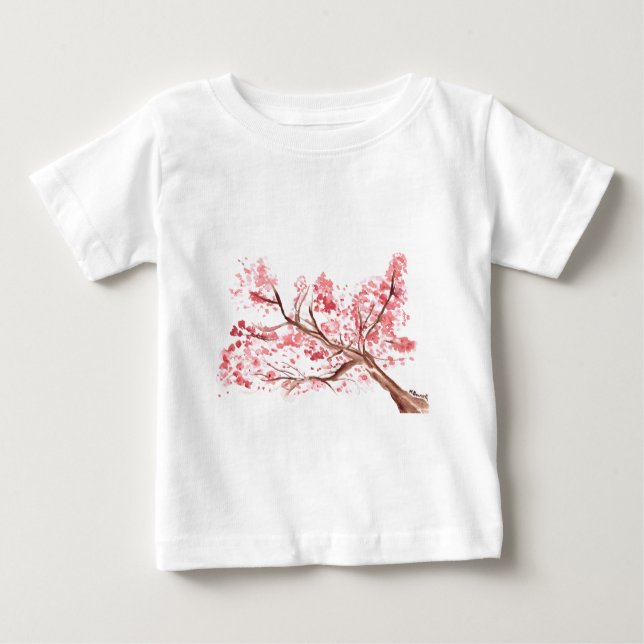 Pink cherry blossom flowers watercolor painting baby T-Shirt (Front)