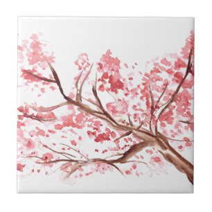 Pink cherry blossom flowers watercolor tree pretty tile
