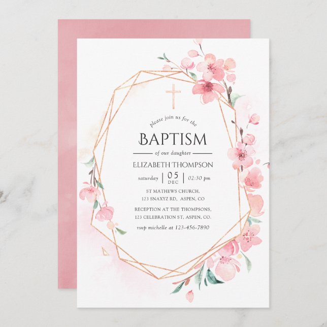 Pink Cherry Blossom Geometric Baptism Invitation (Front/Back)