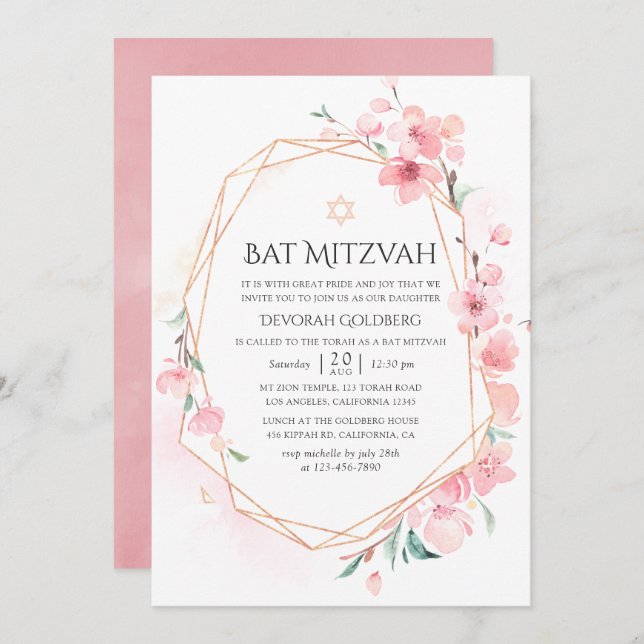 Pink Cherry Blossom Geometric Bat Mitzvah Invitation (Front/Back)