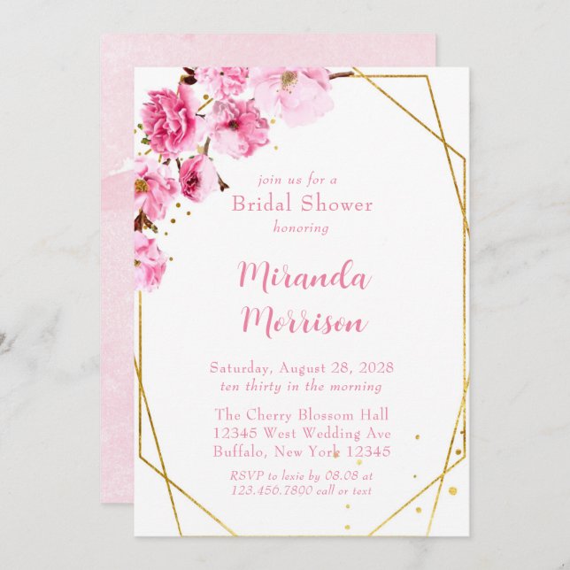 Pink Cherry Blossom Geometric Bridal Shower Invitation (Front/Back)
