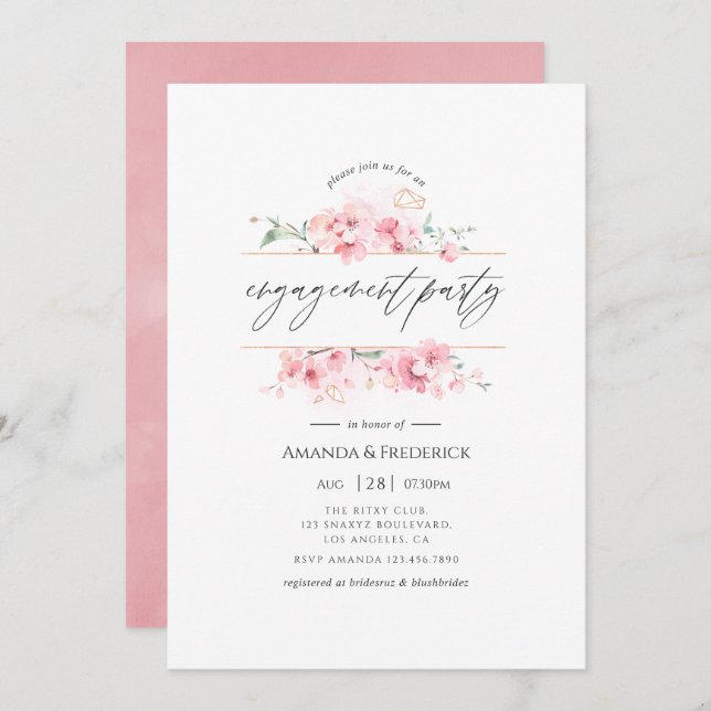Pink Cherry Blossom Geometric Engagement Party Invitation (Front/Back)