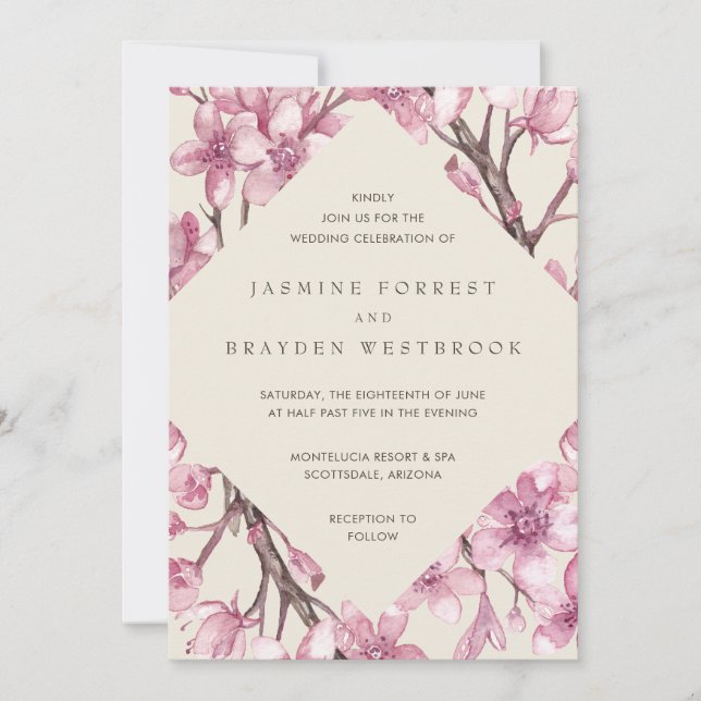 Pink Cherry Blossom Geometric Floral Wedding Invitation (Front)