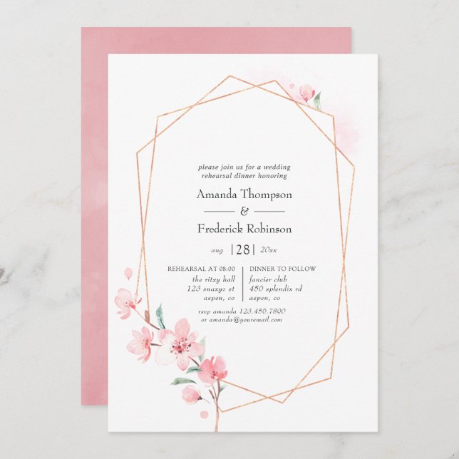 Pink Cherry Blossom Geometric Rehearsal Dinner Invitation (Front/Back)