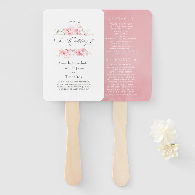 Pink Cherry Blossom Geometric Spring Wedding Hand Fan (Front and Back)