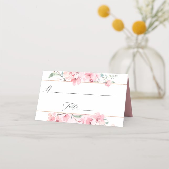 Pink Cherry Blossom Geometric Spring Wedding Place Card (Front)