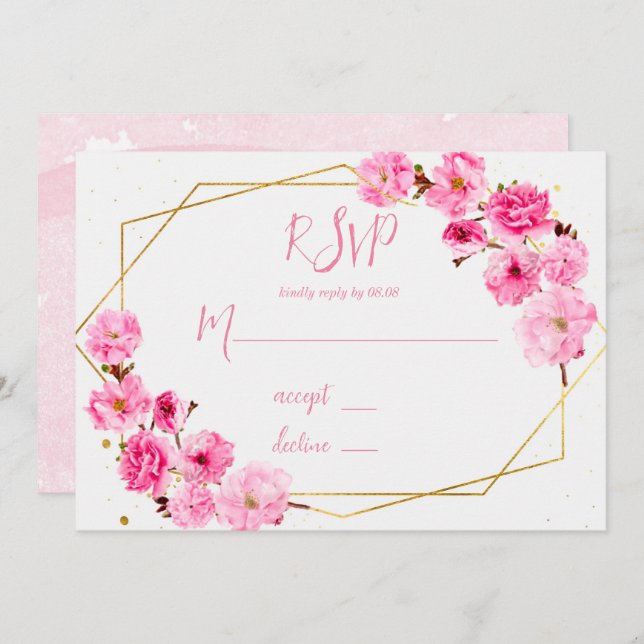 Pink Cherry Blossom Geometric Wedding RSVP Cards (Front/Back)