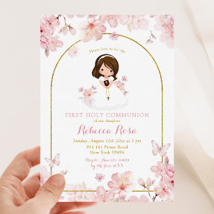Pink Cherry Blossom Girl First Holy Communion Invitation
