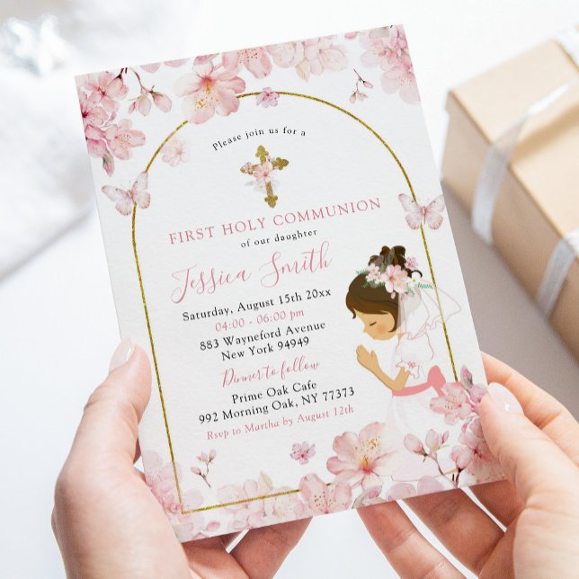 Pink Cherry Blossom Girl Kneeling First Communion Invitation (Creator Uploaded)