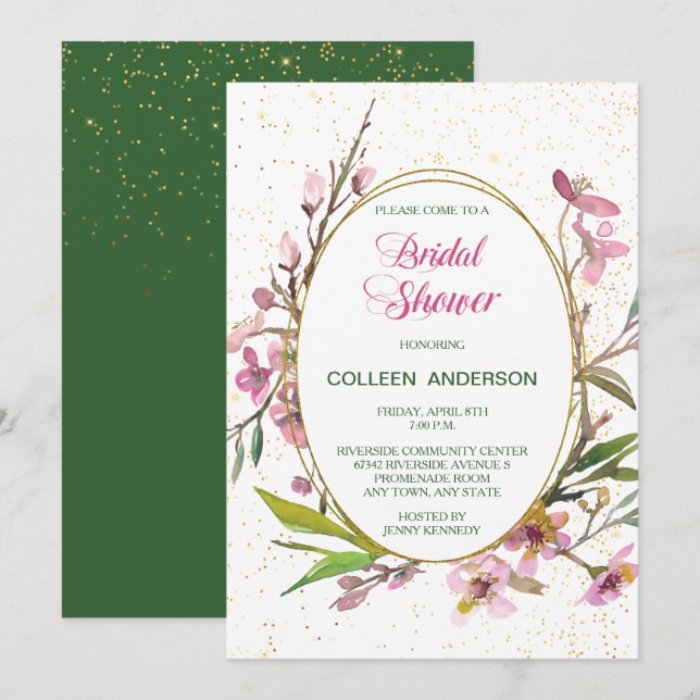 Pink Cherry Blossom Gold Frame Bridal Shower Invitation (Front/Back)