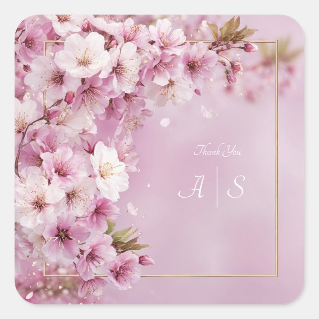 Pink Cherry Blossom Gold Frame Elegant Wedding Square Sticker (Front)