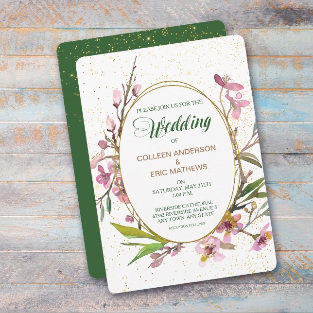 Pink Cherry Blossom Gold Frame Wedding Invitation (Creator Uploaded)