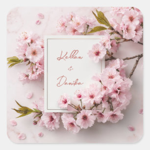 Pink Cherry Blossom Gold Marble Square Wedding Sticker