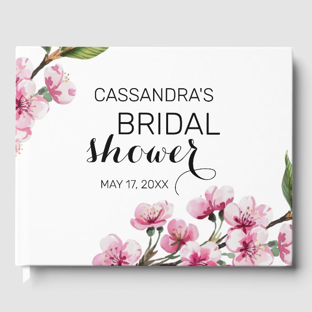 Pink Cherry Blossom Greenery Bridal Shower  Guest Book (Front)