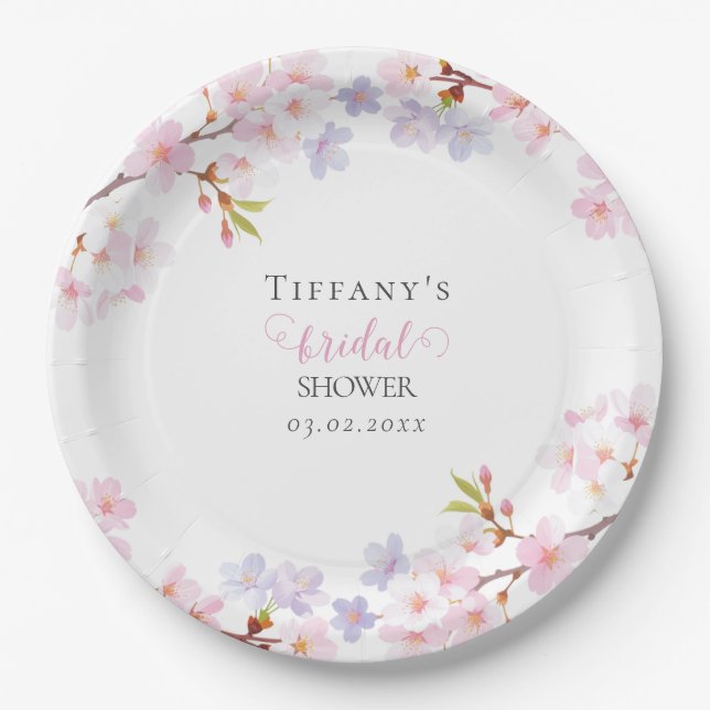 Pink Cherry Blossom in Bloom Garden Bridal Shower Paper Plate (Front)