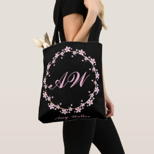 Pink Cherry Blossom Initial – Feminine Floral Wrea Tote Bag