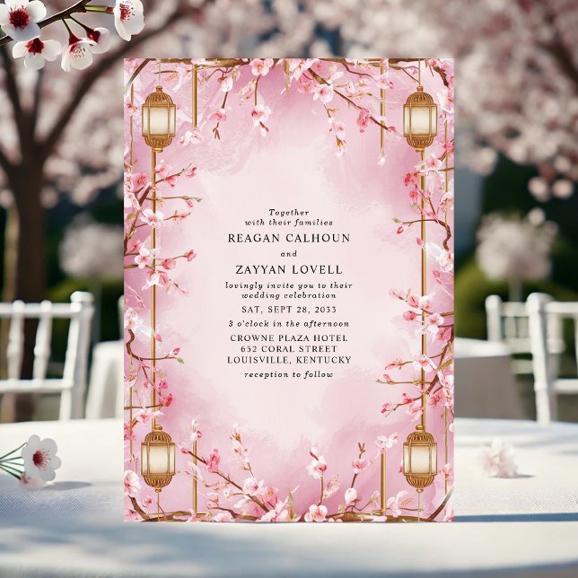Pink Cherry Blossom Lantern Wedding Invitation (Creator Uploaded)