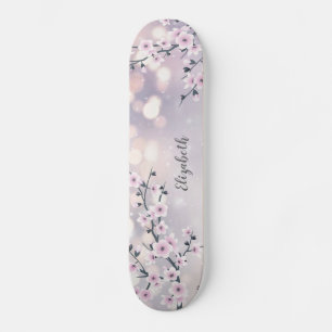 Pink Cherry Blossom Mauve Bokeh Glitter Skateboard
