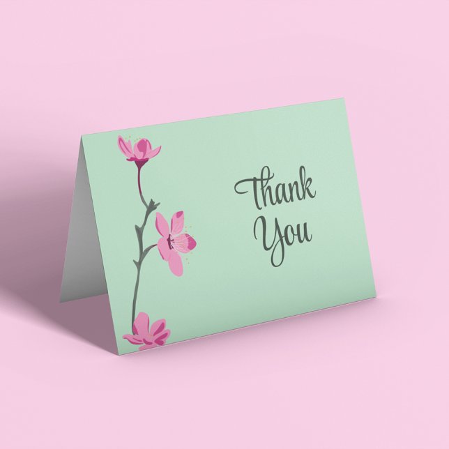 Pink Cherry Blossom Mint Green Thank You Card (Creator Uploaded)