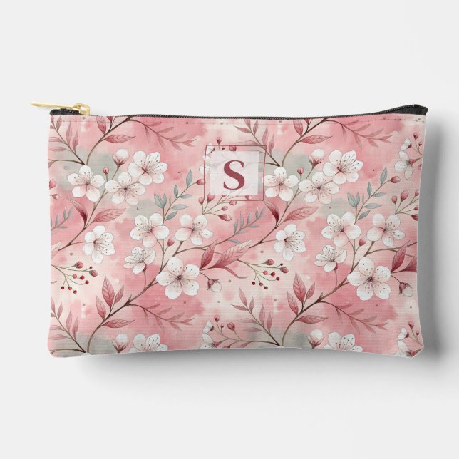 Pink cherry blossom monogram accessory pouch (Front)