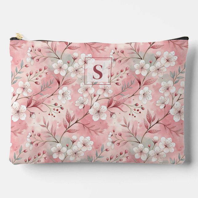 Pink cherry blossom monogram accessory pouch (Front)