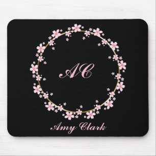 Pink Cherry Blossom Monogram Feminine Floral Wreat Mouse Pad