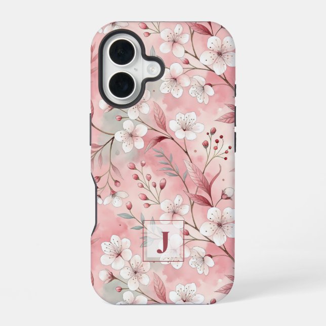Pink cherry blossom monogram iPhone 16 case (Back)