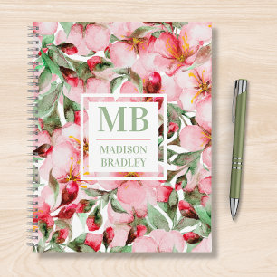 Pink Cherry Blossom Monogram Personalised Name Notebook