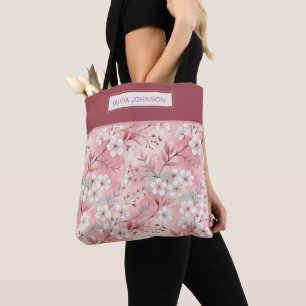 Pink cherry blossom monogram tote bag