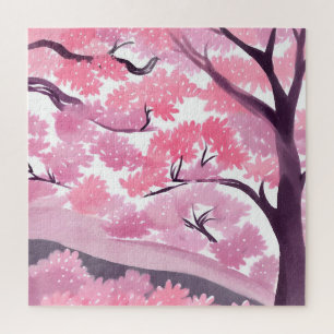 Pink Cherry Blossom Nature Watercolor Jigsaw Puzzle