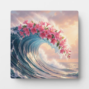 Pink Cherry Blossom Ocean Wave Surreal Plaque