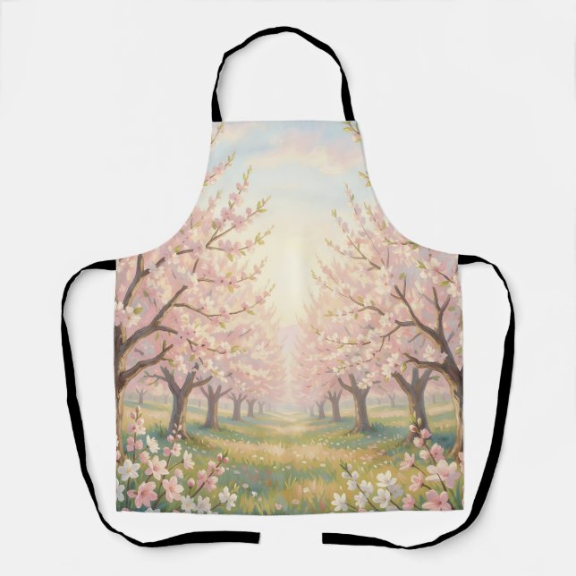 Pink Cherry Blossom Orchard Spring Landscape Apron (Front)