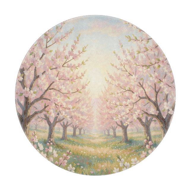Pink Cherry Blossom Orchard Spring Landscape Cutting Board (Front)