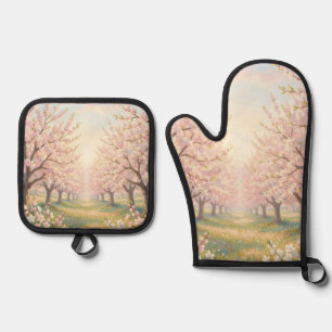 Pink Cherry Blossom Orchard Spring Landscape Oven Mitt & Pot Holder Set