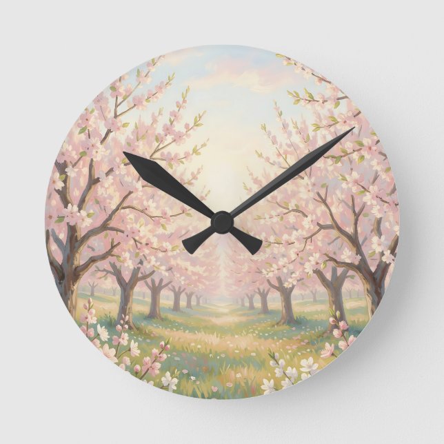 Pink Cherry Blossom Orchard Spring Landscape Round Clock (Front)
