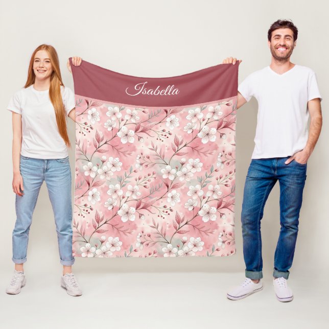Pink cherry blossom Personalized Fleece Blanket (In Situ)