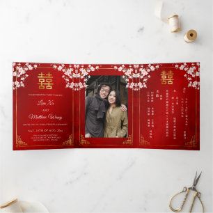 Pink Cherry Blossom Red   Photo Chinese Wedding Tri-Fold Invitation