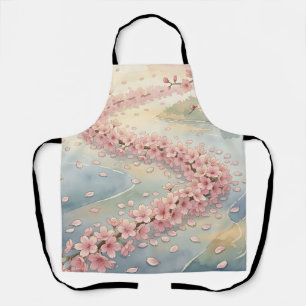 Pink Cherry Blossom River Watercolor Scene Apron
