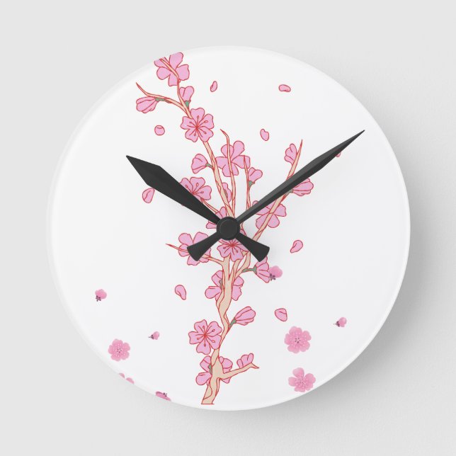 Pink Cherry Blossom Sakura Branch Art Round Clock (Front)