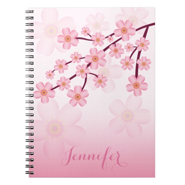 Pink Cherry Blossom Sakura Branch With Custom Name Notebook (Front)