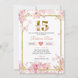 Pink Cherry Blossom Sakura Gold 15th Quinceañera Invitation