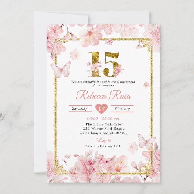 Pink Cherry Blossom Sakura Gold 15th Quinceañera Invitation (Front)
