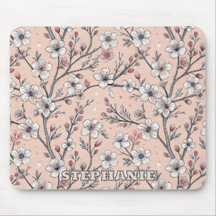 Pink Cherry Blossom Sakura Pattern on Pink (1) Mouse Pad