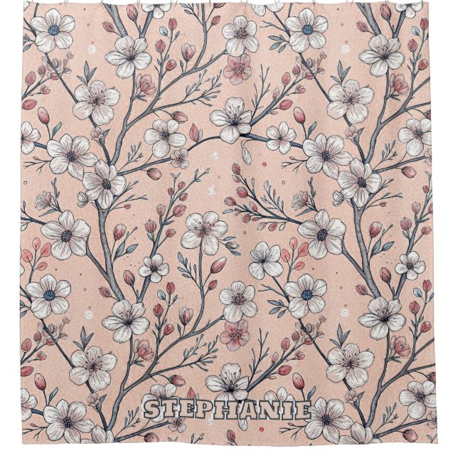 Pink Cherry Blossom Sakura Pattern on Pink (1) Shower Curtain (Front)
