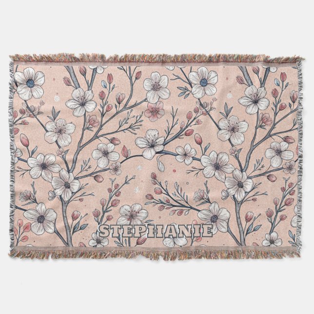 Pink Cherry Blossom Sakura Pattern on Pink (1) Throw Blanket (Front)