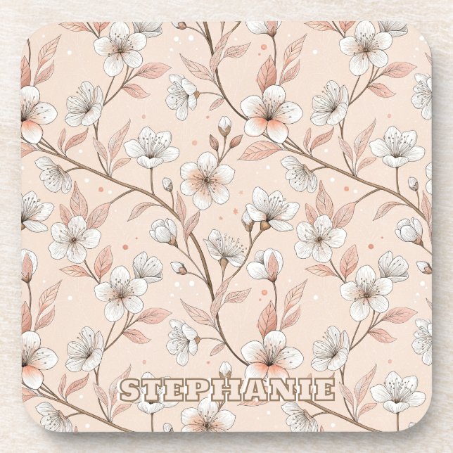 Pink Cherry Blossom Sakura Pattern on Pink (2) Coaster (Front)