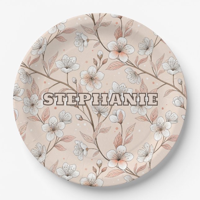 Pink Cherry Blossom Sakura Pattern on Pink (2) Paper Plate (Front)